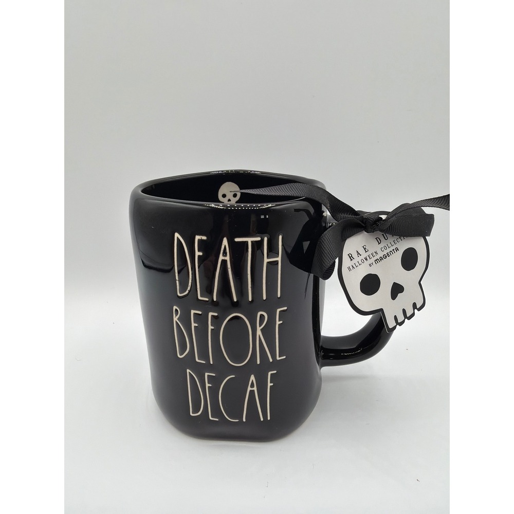 Rae Dunn Death Before Decaf Halloween Mug Skeleton Handle NWT Magenta Black